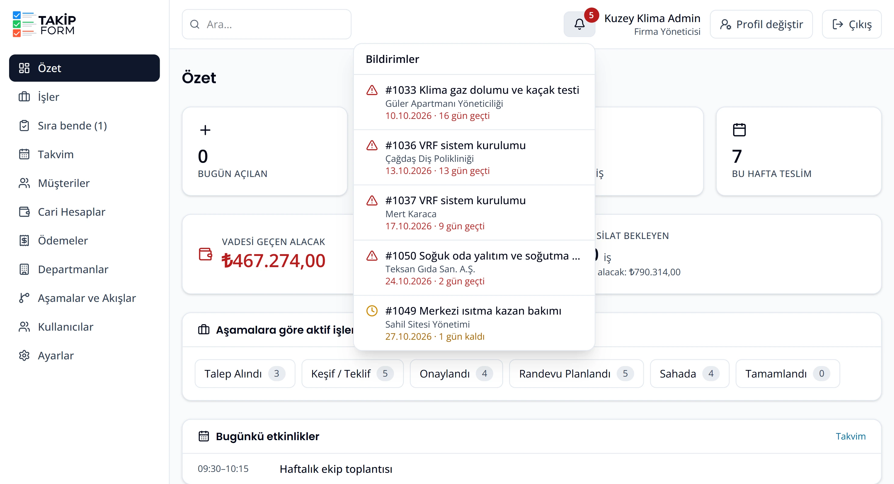 Bildirim zili açık: geciken işler kırmızı, teslimi yaklaşan iş sarı uyarıyla listeleniyor